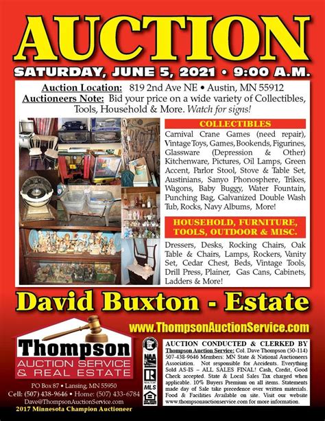 Thompson auctions - Thompson Auction & Real Estate Services LLC. 507-438-9646 Catalog Terms of sale. Search Catalog : ... Thank you for visiting this Auction - Bid on a great selection of Jim Beam Bottles, Sterling Silver, Jewelry & Costume Jewelry, Collectibles Diecast, Vintage Toys, Tractor Manuals, Beanie Babies, Furniture, Comics & More! ...
